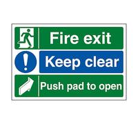 V Safety Fire Exit/Keep Clear/Push Pad To Open 400 x 300 mm - 1mm Rigid Plastic Safety Sign