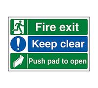 V Safety Fire Exit/Keep Clear/Push Pad To Open - 600x400mm Self Adhesive Vinyl Safety Sign