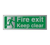 V Safety Fire Exit Keep Clear Sign - 300mm x 100mm - Self Adhesive Alu Effect