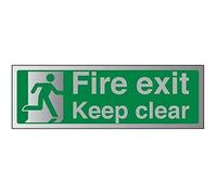 V Safety Fire Exit Keep Clear Sign - 450mm x 150mm - Self Adhesive Alu Effect