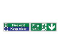 V Safety Fire Exit/Keep Clear Sign - Landscape - 300mm x 100mm - 2mm Rigid Plastic 14012AX-R2 & V Safety Fire Exit Arrow Down Sign - Landscape - 300mm x 100mm - 2mm Rigid Plastic, 14002AX-R2