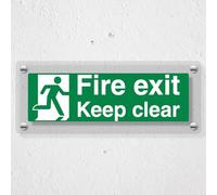 V Safety Fire Exit Keep Clear With Running Man - 450 x 150 mm - Acrylic Perspex Cast Clear Safety Sign