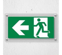 V Safety Fire Exit Man Running Left - 600 x 300 mm - Acrylic Perspex Cast Clear Safety Sign