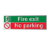 V Safety Fire Exit/No Parking 300 x 100 mm - Self Adhesive Vinyl - Aluminium Effect Safety Sign