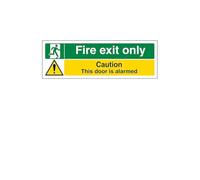 V Safety Fire Exit Only/Door Alarmed 300 x 100 mm - Self Adhesive Vinyl - Aluminium Effect Safety Sign (Pack of 4)