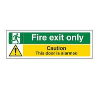 V Safety Fire Exit Only/Door Alarmed 450 x 150 mm - Self Adhesive Vinyl - Aluminium Effect Safety Sign