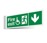 V Safety Fire Exit WChair Arrow Down Corridor Sign - Landscape 450 x 150 mm - 3mm Indoor Palboard Safety Sign