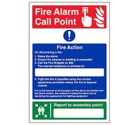 V Safety Fire Point - On Discovering A Fire/Your Nearest Assembly Point Is 150 x 200 mm - 2mm Super-Tough Rigid Plastic Safety Sign
