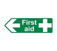 V Safety First Aid Arrow Left - Shaped Sign 450 x 150 mm - Self Adhesive Vinyl - Aluminium Effect Safety Sign