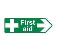 V Safety First Aid Arrow Right - Shaped Sign 450 x 150 mm - Self Adhesive Vinyl - Aluminium Effect Safety Sign