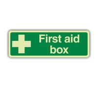 V Safety First Aid Box Sign - 600 x 200 mm - Double Glow Vinyl | Glow In The Dark | Double Glow Self Adhesive Vinyl | First Aid Signage - Made in Britain