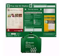 V Safety First Aid & Eyewash Care Station with BS 8599-1 Small First Aid Kit - 25 Eye Wash Pods, Wall Mounted Workplace Emergency Point