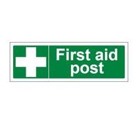 V Safety First Aid Post - Landscape 300 x 100 mm - Self Adhesive Vinyl - Aluminium Effect Safety Sign