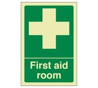 V Safety First Aid Room - Portrait 300 x 400 mm - Glow In The Dark 1mm Rigid Plastic Safety Sign