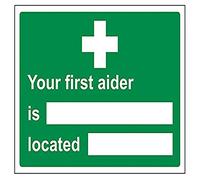V Safety First Aider/Located Sign - 200mm x 150mm - 1mm Rigid Plastic