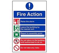 V Safety General Fire Action 5 Message Risks Sign - Portrait - 200mm x 300mm - Self Adhesive Vinyl