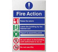 V Safety General Fire Action 5 Message Sign - 200 mm x 300 mm - 3 mm Brushed Alu Comp Safety Sign