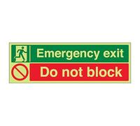 V Safety GITD Emergency Exit/Do Not Block 300 x 100 mm - Glow In The Dark 1mm Rigid Plastic Safety Sign