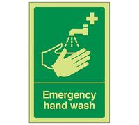 V Safety GITD Emergency Hand Wash 100 x 150 mm - Glow In The Dark Self Adhesive Vinyl Safety Sign