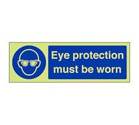 V Safety GITD Eye Protection Must Be worn 300 x 100 mm - Glow In The Dark Self Adhesive Vinyl Safety Sign