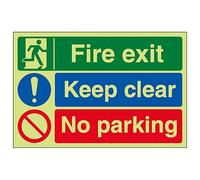 V Safety GITD Fire Exit/Keep Clear/No Parking 400 x 300 mm - Glow In The Dark 1mm Rigid Plastic Safety Sign