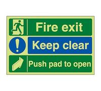 V Safety GITD Fire Exit/Keep Clear/Push Pad To Open 400 x 300 mm - Glow In The Dark 1mm Rigid Plastic Safety Sign