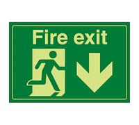 V Safety GITD Fire Exit/Man Running/Down 400 x 300 mm - Glow In The Dark 1mm Rigid Plastic Safety Sign