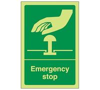 V Safety GITD Green Emergency Stop - Portrait 100 x 150 mm - Glow In The Dark Self Adhesive Vinyl Safety Sign