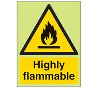 V Safety GITD Highly Flammable - Portrait 150 x 200 mm - Glow In The Dark Self Adhesive Vinyl Safety Sign