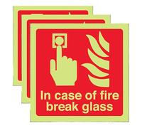 V Safety GITD In Case Of Fire Break Glass - Square 100 x 100 mm - Glow In The Dark 1mm Rigid Plastic Safety Sign (Pack of 3)