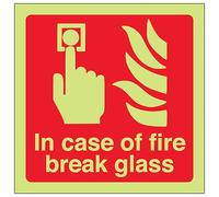 V Safety GITD In Case Of Fire Break Glass - Square 100 x 100 mm - Glow In The Dark 1mm Rigid Plastic Safety Sign