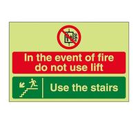 V Safety GITD In The Event Of Fire Do Not Use Lift/Use The Stairs Down Left 200 x 150 mm - Glow In The Dark Self Adhesive Vinyl Safety Sign