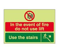 V Safety GITD In The Event Of Fire Do Not Use Lift/Use The Stairs Down Right 200 x 150 mm - Glow In The Dark Self Adhesive Vinyl Safety Sign