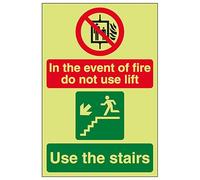 V Safety GITD In The Event Of Fire Do Not Use Lift/Use The Stairs Left 150 x 200 mm - Glow In The Dark 1mm Rigid Plastic Safety Sign