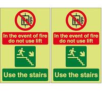 V Safety GITD In The Event Of Fire Do Not Use Lift/Use The Stairs Right 150 x 200 mm - Glow In The Dark Self Adhesive Vinyl Safety Sign (Pack of 2)