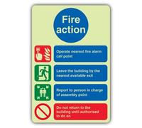 V Safety Glow In The Dark 4 Point Fire Action Notice - Operate Nearest Fire Alarm Sign - 150 x 225 mm - Made From Triple Glow Rigid Plastic - Fire Safety Signage - Made in Britain