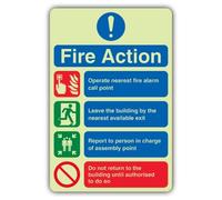 V Safety Glow In The Dark 4 Point Fire Action Notice Sign - 200 x 300 mm - Made From Triple Glow Self Adhesive Vinyl - Fire Safety Signage - Made in Britain
