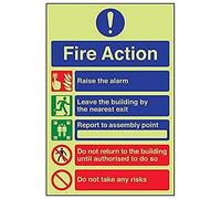 V Safety Glow In The Dark 5 Message Risks Fire Action Notice Sign - 200mm x 300mm - Rigid Plastic
