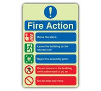 V Safety Glow In The Dark 5 Point Fire Action Notice - Do Not Take Risks Sign - 300 x 450 mm - Made From Double Glow Self Adhesive Vinyl - Professional Safety Signage - Made in Britain