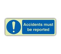 V Safety Glow In The Dark Accidents Must Be Reported Sign - Landscape Format - 600 x 200 mm - Made From Triple Glow Self Adhesive Vinyl - Professional Safety Signage - Made in Britain