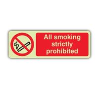 V Safety Glow In The Dark All Smoking Is Strictly Prohibited Sign - Landscape Format - 600 x 200 mm - Made From Triple Glow Self Adhesive Vinyl - Smoke-Free Signage - Made in Britain
