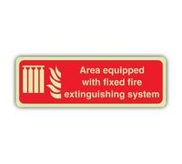 V Safety Glow In The Dark Area Equipped With Fixed Fire Extinguishing System Sign - Landscape Format - 210 x 70 mm - Made From Triple Glow Self Adhesive Vinyl - Fire Safety Signage - Made in Britain