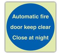 V Safety Glow In The Dark Automatic Fire Door Keep Clear Close At Night Sign - Square Format - 100 x 100 mm - Made From Double Glow Self Adhesive Vinyl - Hazard Warning Signage - Made in Britain