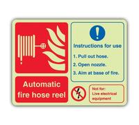 V Safety Glow In The Dark Automatic Fire Hose Reel Sign - Landscape Format - 300 x 225 mm - Made From Double Glow Self Adhesive Vinyl - Fire Safety Signage - Made in Britain