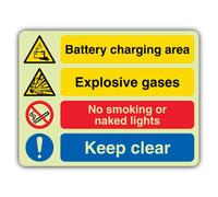 V Safety Glow In The Dark Battery Charging Area - Explosive Gases - No Smoking - Keep Clear Sign - 800 x 600 mm - Made From Triple Glow Rigid Plastic - Hazard Warning Signage - Made in Britain