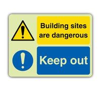 V Safety Glow In The Dark Building Sites Are Dangerous - Keep Out Sign - 600 x 450 mm - Made From Triple Glow Self Adhesive Vinyl - Hazard Warning Signage - Made in Britain