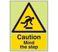 V Safety Glow In The Dark Caution Mind The Step Warning Sign - 150mm x 200mm - Rigid Plastic
