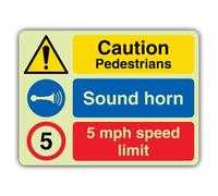 V Safety Glow In The Dark Caution Pedestrians Sound Horn 5 Mph Speed Limit Sign - 800 x 600 mm - Made From Double Glow Rigid Plastic - Hazard Warning Signage - Made in Britain