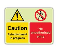 V Safety Glow In The Dark Caution Refurbishment In Progress - No Unauthorised Entry Sign - 400 x 300 mm - Made From Double Glow Self Adhesive Vinyl - Hazard Warning Signage - Made in Britain