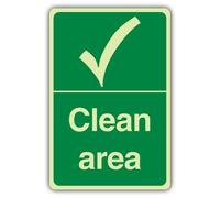 V Safety Glow In The Dark Clean Area Sign - 200 x 300 mm - Made From Triple Glow Rigid Plastic - Hygiene & Welfare Signage - Made in Britain
